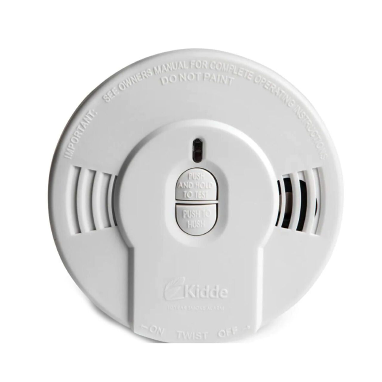 The Go Build 10 Year Worry-Free Smoke Detector - Battery Powered is a white alarm with Push and Hold to Test/PUSH TO HUSH buttons, ventilation slots, and safety instructions on the front.